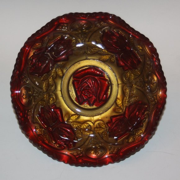 1890-1920 Antique Goofus Glass Bowl Cabbage Rose Red Gold Ruffled Edge Large - Picture 1 of 4